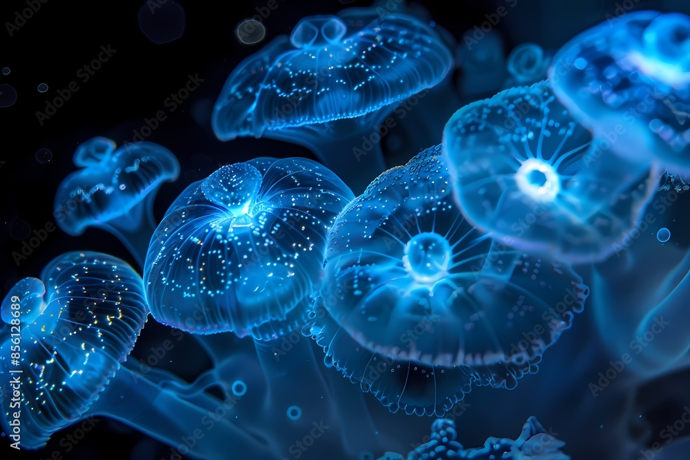 Bioluminescent Alien Spore Eruption (Microscopic View): A high-resolution photo taken through a powerful microscope, showcasing a single bioluminescent alien Bioluminescent Alien Spore Eruption (Microscopic View): A high-resolution photo taken through a powerful microscope, showcasing a single bioluminescent alien
