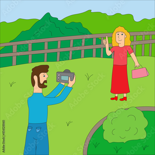 A man takes a photograph of a woman. Cartoon drawing: vacation, family vacation, mountains, tourism, summer, husband and wife. Vector graphics.