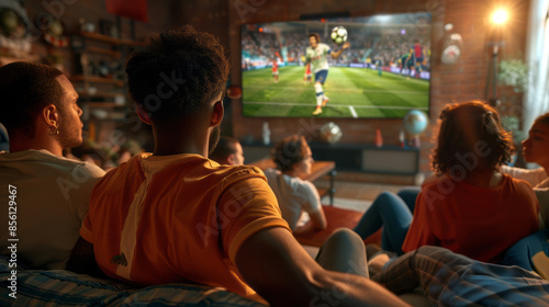 A group of people are watching a soccer game on a television