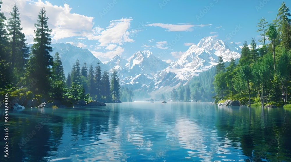 Magnificent Mountain Lake Surrounded by Lush Pine Forest in Scenic Alpine Landscape Magnificent Mountain Lake Surrounded by Lush Pine Forest in Scenic Alpine Landscape