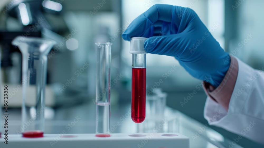 A doctor's hand in a blue glove holds a vial of red liquid, preparing to place it in a container, emphasizing medical precision and laboratory work. A doctor's hand in a blue glove holds a vial of red liquid, preparing to place it in a container, emphasizing medical precision and laboratory work.