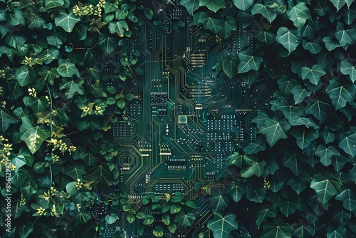 Fototapeta Naklejka Na Ścianę i Meble -  Circuit Board Jungle: A high-resolution photo of a lush jungle canopy with vines and leaves intertwined.