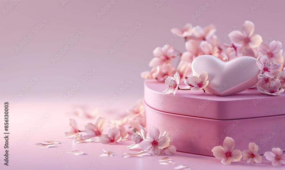 An elegant heart-shaped gift box with blossoms, perfect for various holidays and events, including space for text An elegant heart-shaped gift box with blossoms, perfect for various holidays and events, including space for text