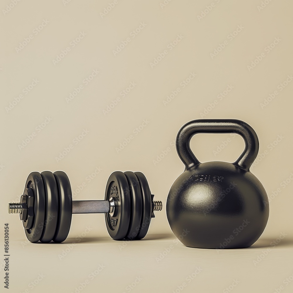 Colorful Pop Art Style Fake Dumbbells and Kettlebell on Light Background with Empty Space, Front View Colorful Pop Art Style Fake Dumbbells and Kettlebell on Light Background with Empty Space, Front View