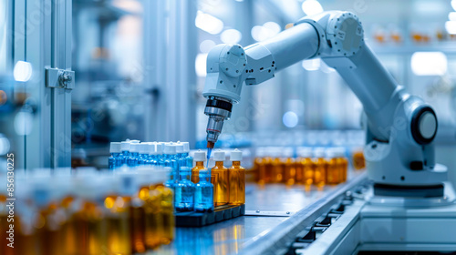 Automated Pharmaceutical Testing Lab. A modern laboratory equipped with automated robotic arms testing new pharmaceuticals, showcasing advanced medical technology and precision.