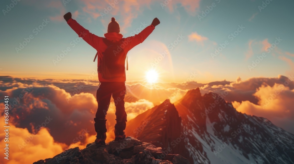 Hiker is standing on a mountain peak at sunset with arms raised above the clouds Hiker is standing on a mountain peak at sunset with arms raised above the clouds