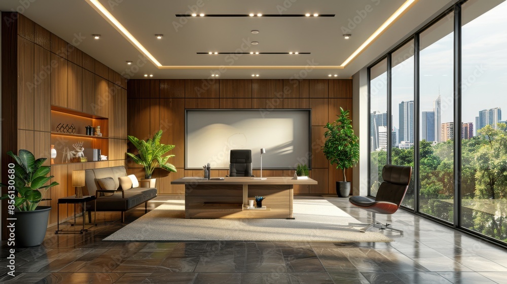 A modern office with a large window and a wooden wall A modern office with a large window and a wooden wall