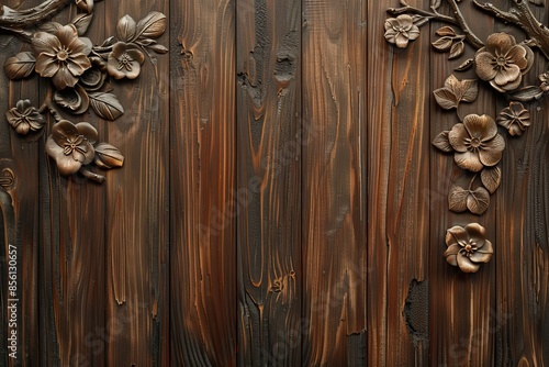 Artistic wooden background with intricate carved flowers, ideal for wallpaper and abstract concept imagery with a rustic, vintage feel