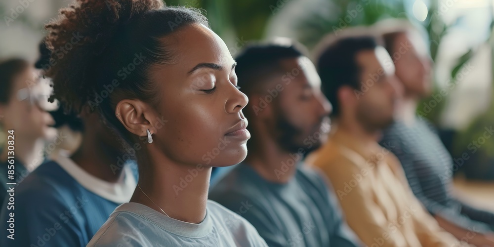 A group of diverse people are meditating in a room. A group of diverse people are meditating in a room.