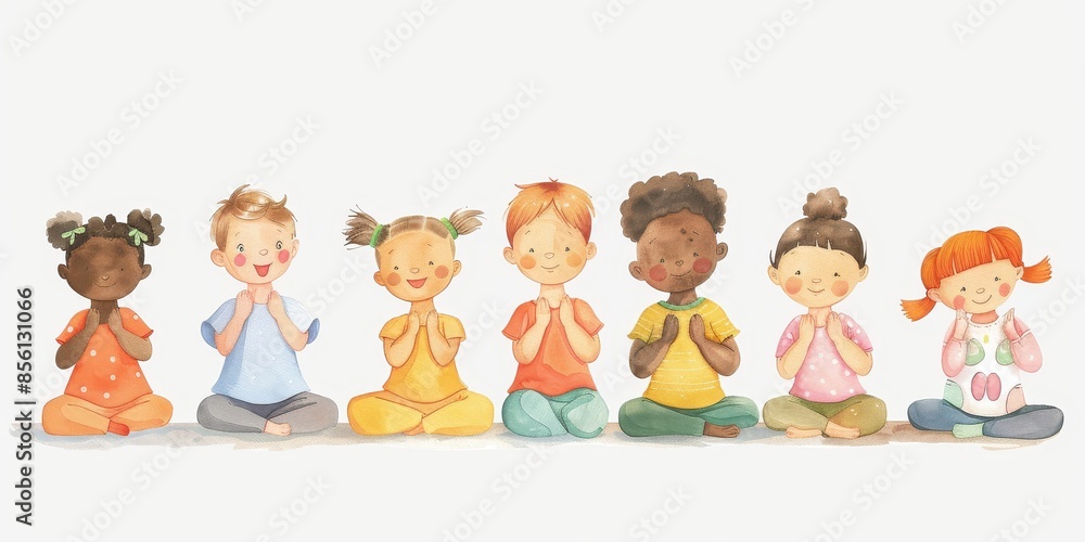 Diverse group of children sitting in a row with hands together in a peaceful pose. Diverse group of children sitting in a row with hands together in a peaceful pose.