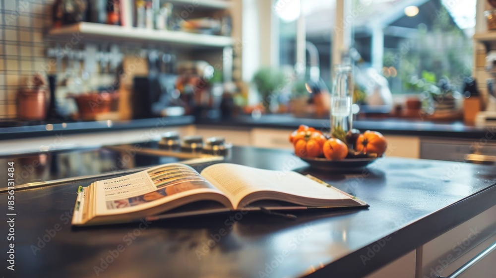Fresh Beginnings: A Close-Up of a Kitchen Counter with an Open Cookbook, Signifying a New Start in a New Kitchen Fresh Beginnings: A Close-Up of a Kitchen Counter with an Open Cookbook, Signifying a New Start in a New Kitchen