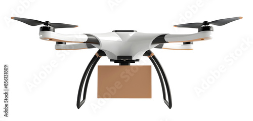 Package Delivery by Quadrocopter Drone isolated on transparent background, futuristic package delivery by drones concept, realistic illustration, generative ai