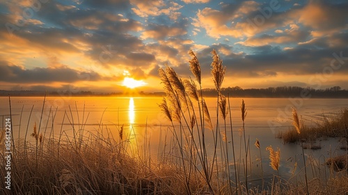 a sunset over a lake with tall grass in the foreground and a few clouds in the background