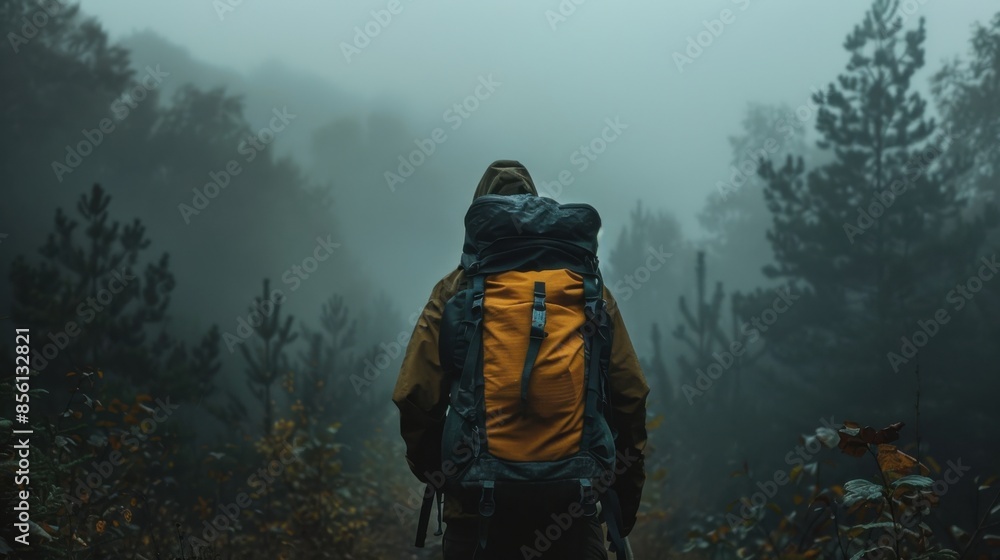 Fototapeta premium A man is walking through a forest with a large backpack on his back
