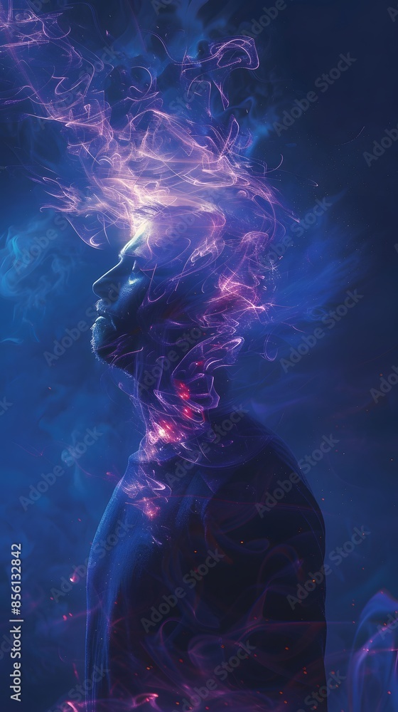 Naming Sentence: Person floating in a dark blue sky at night with smoke and light Naming Sentence: Person floating in a dark blue sky at night with smoke and light