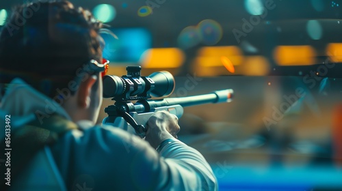 A marksman in a competition, aiming down the sights of a rifle.  The target is out of focus.  Focus on the shooter's hand and weapon. photo