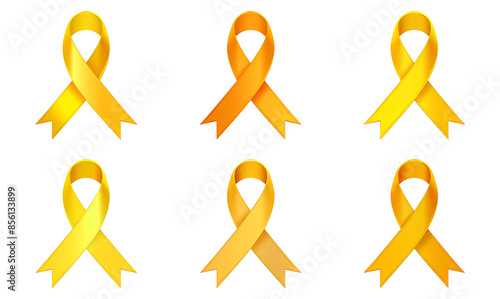 Set of yellow ribbons for a symbol of Childhood Cancer Awareness Month on a transparent background