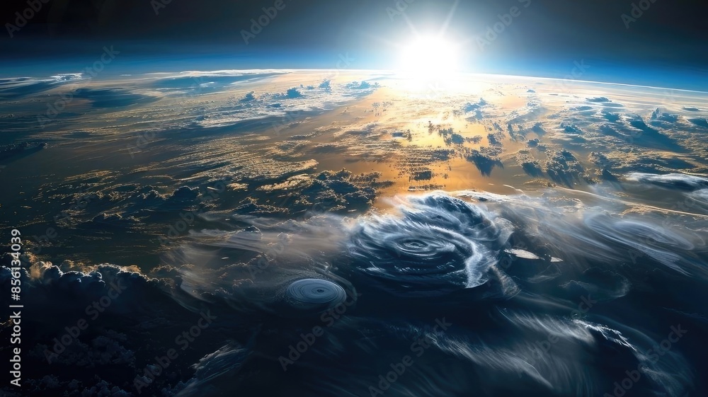 Stunning view of Earth from space with vibrant colors and beautiful cloud formations, showcasing the curvature of the Earth under sunlight. Stunning view of Earth from space with vibrant colors and beautiful cloud formations, showcasing the curvature of the Earth under sunlight.