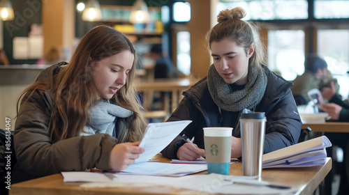 Students reviewing each other’s thesis drafts in a café, notebooks and coffee cups, right third copy space © Лариса Лазебная
