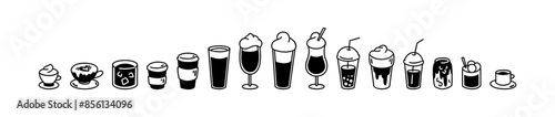Different types of coffee. Hand drawn doodle icon set. Cappuccino, espresso, latte, americano, mocha, bubble tea, cocoa, flat white, raf. Hot and cold drinks in glass, mugs, disposable paper cups.