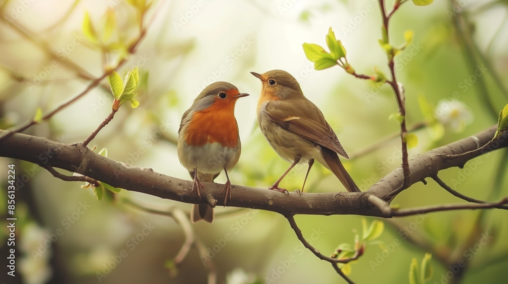 Beautiful Songbirds on a Tree Branch Beautiful Songbirds on a Tree Branch