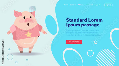 Pig in T-shirt with star flat vector illustration. Cartoon character standing. Animal, behavior, fashion concept can be used for banner or landing page photo