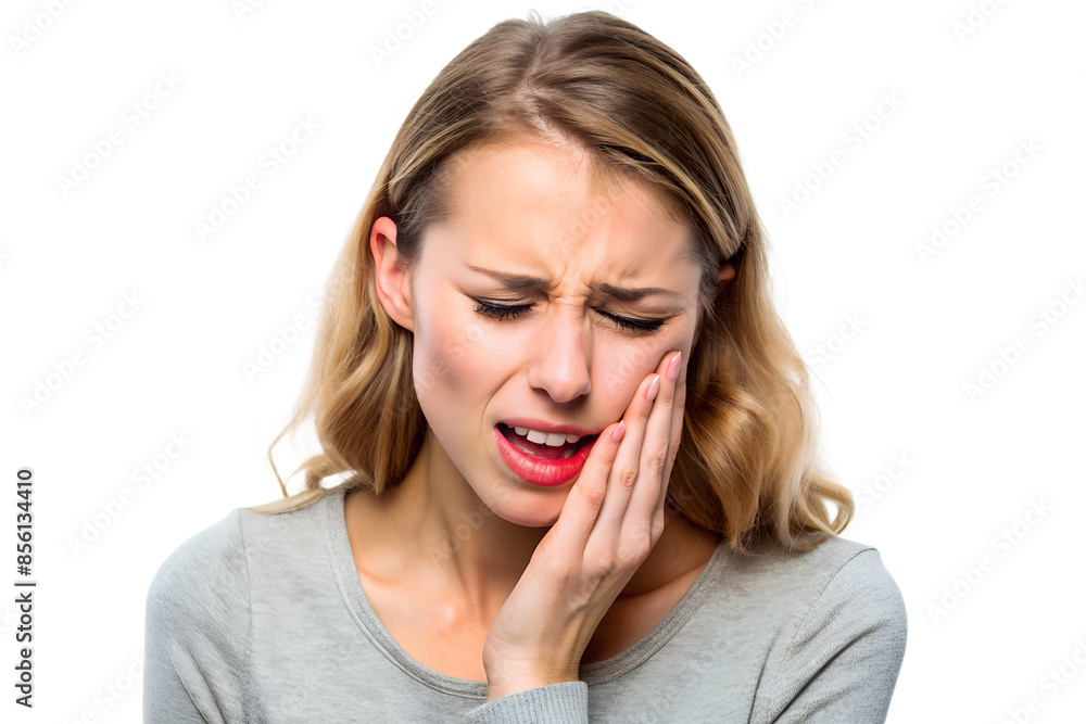 Woman experiencing severe toothache at home,
displaying pain and discomfort isolated on white background Woman experiencing severe toothache at home,
displaying pain and discomfort isolated on white background