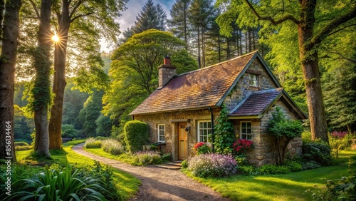 Cozy cottage surrounded by trees in the countryside, home, house, architecture, residential, countryside, exterior, cozy, cottage © Sangpan