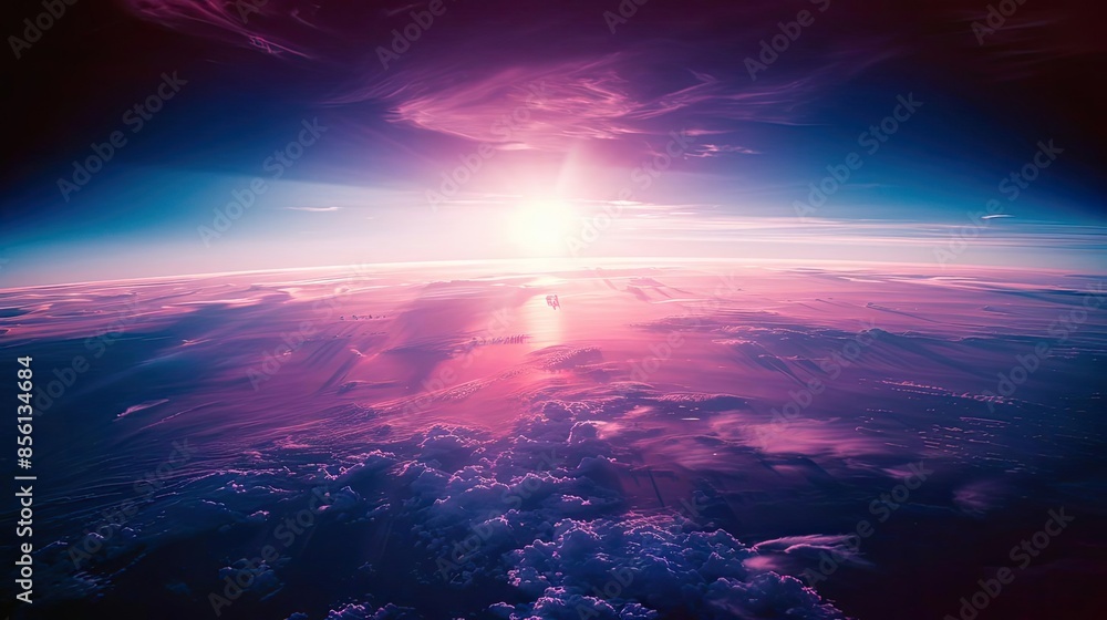Stunning aerial view of a colorful sunrise above the clouds, showcasing vibrant pink and blue hues in the sky. Stunning aerial view of a colorful sunrise above the clouds, showcasing vibrant pink and blue hues in the sky.