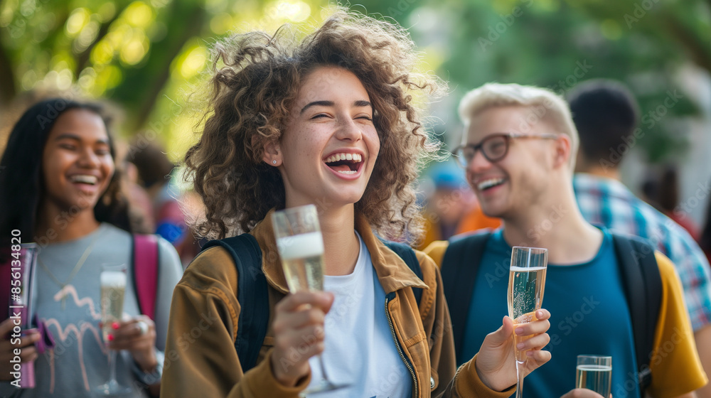 Student celebrating with a small group after successful defense, champagne and smiles, left third copy space Student celebrating with a small group after successful defense, champagne and smiles, left third copy space