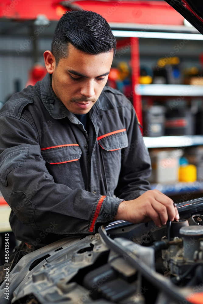 A mechanic in a grey uniform inspects the engine of a car while working in a garage A mechanic in a grey uniform inspects the engine of a car while working in a garage