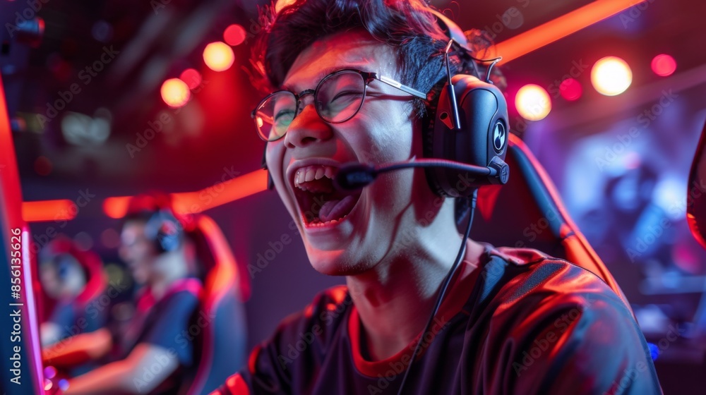 Young professional gamer shouts in excitement during a gaming competition Young professional gamer shouts in excitement during a gaming competition