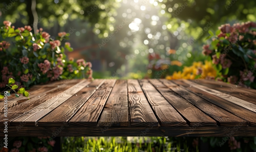 Fototapeta premium Outdoor background Wooden table in 3d png transparent using for product presentation