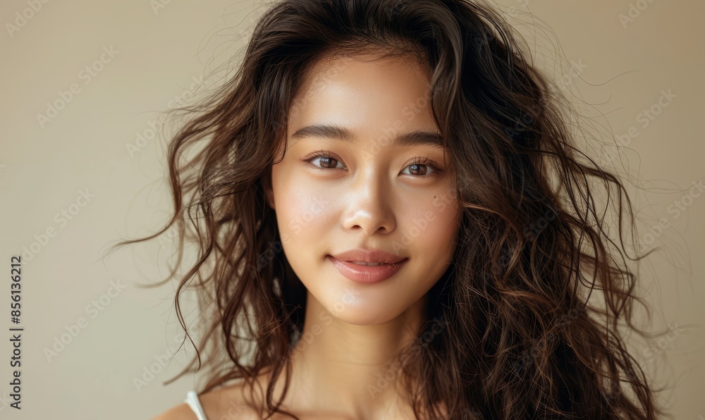 Pretty Asian beauty woman curly long hair with Korean makeup glowing face and healthy facial skin portrait smile on isolated beige background. Cosmetology ,Plastic surgery Pretty Asian beauty woman curly long hair with Korean makeup glowing face and healthy facial skin portrait smile on isolated beige background. Cosmetology ,Plastic surgery