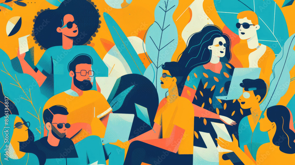 An illustration depicting a group of diverse individuals with colorful clothing and backgrounds, interacting in a lively and dynamic setting An illustration depicting a group of diverse individuals with colorful clothing and backgrounds, interacting in a lively and dynamic setting