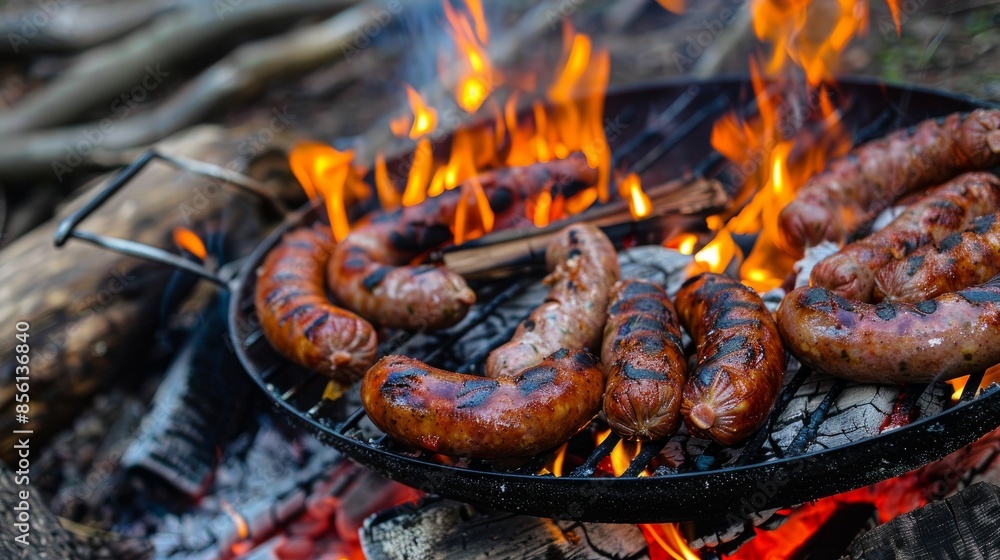 Hot and tasty sausages cooking over a fire on a grill Hot and tasty sausages cooking over a fire on a grill