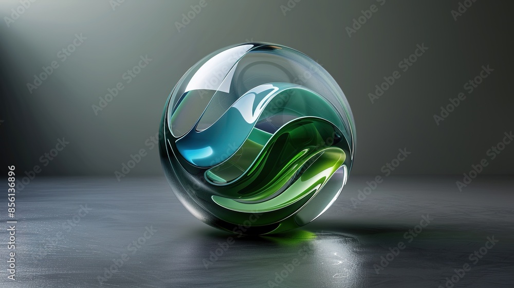 3d render with abstract glass and metal sphere with wavy curved shape ...