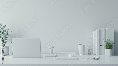 A white desk adorned with green plants and a functional laptop sitting on it