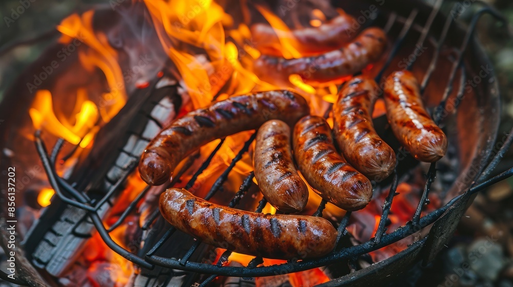 Hot and tasty sausages cooking over a fire on a grill Hot and tasty sausages cooking over a fire on a grill