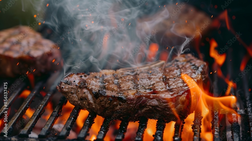 A beef ribeye steak grilling on a flaming grill, perfect for a 4th of July celebration. A beef ribeye steak grilling on a flaming grill, perfect for a 4th of July celebration.