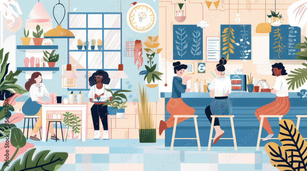 Four women chat over coffee in a plant-filled cafe. Two are at a table in the front, two at a counter in the back. Bright and airy atmosphere Four women chat over coffee in a plant-filled cafe. Two are at a table in the front, two at a counter in the back. Bright and airy atmosphere