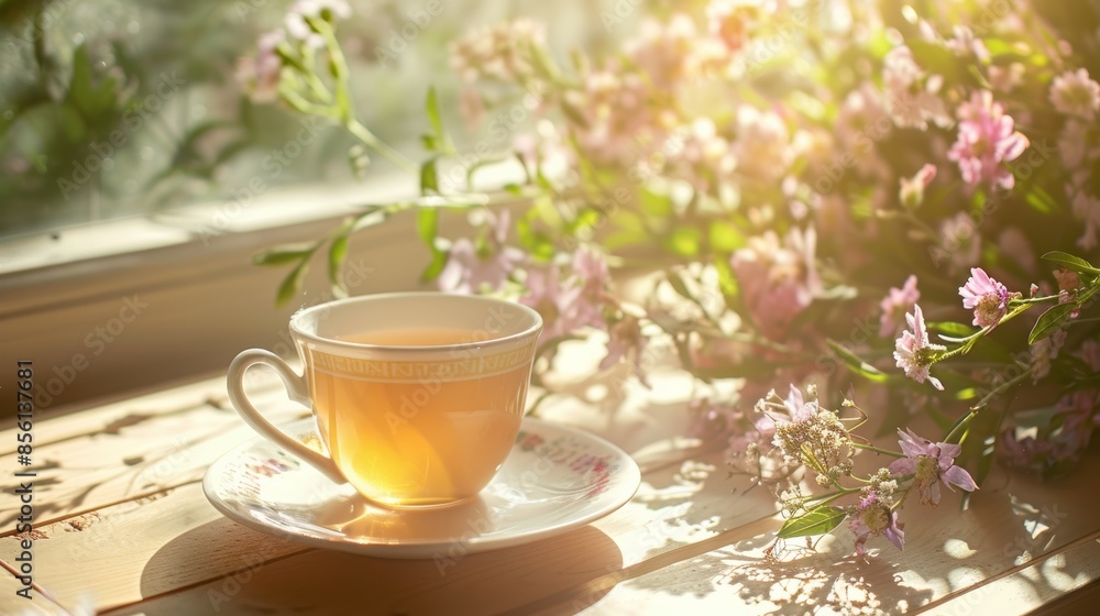 A relaxing illustration of a cultural container named a teacup in white that has some warm tea inside, warm morning light around, and some beautiful flowers around. A relaxing illustration of a cultural container named a teacup in white that has some warm tea inside, warm morning light around, and some beautiful flowers around.