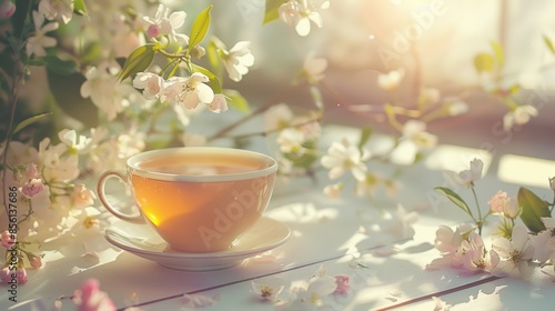 A relaxing illustration of a cultural container named a teacup in white that has some warm tea inside, warm morning light around, and some beautiful flowers around.