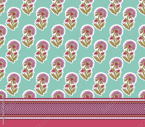 INDIAN TRADITIONAL FLORAL SANGANERI BLOCK PRINT WITH BORDER SEAMLESS PATTERN VECTOR ILLUSTRATION