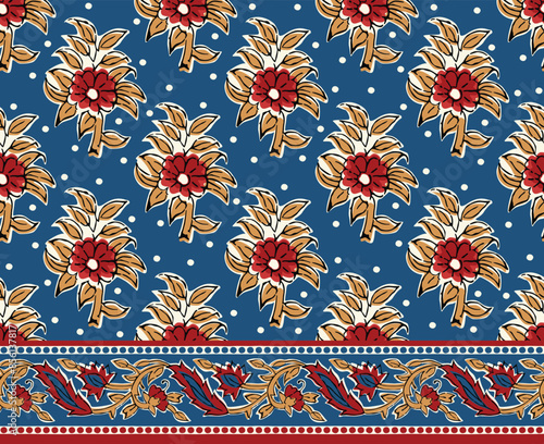 SPRIG FLORAL BLOCK PRINT WITH BORDER AND POLKA DOTS SEAMLESS PATTERN VECTOR ILLUSTRATION