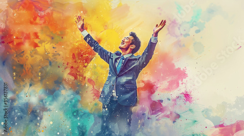 Wallpaper Mural A man in a suit is standing in front of a vibrant watercolor background with his arms raised in celebration Torontodigital.ca