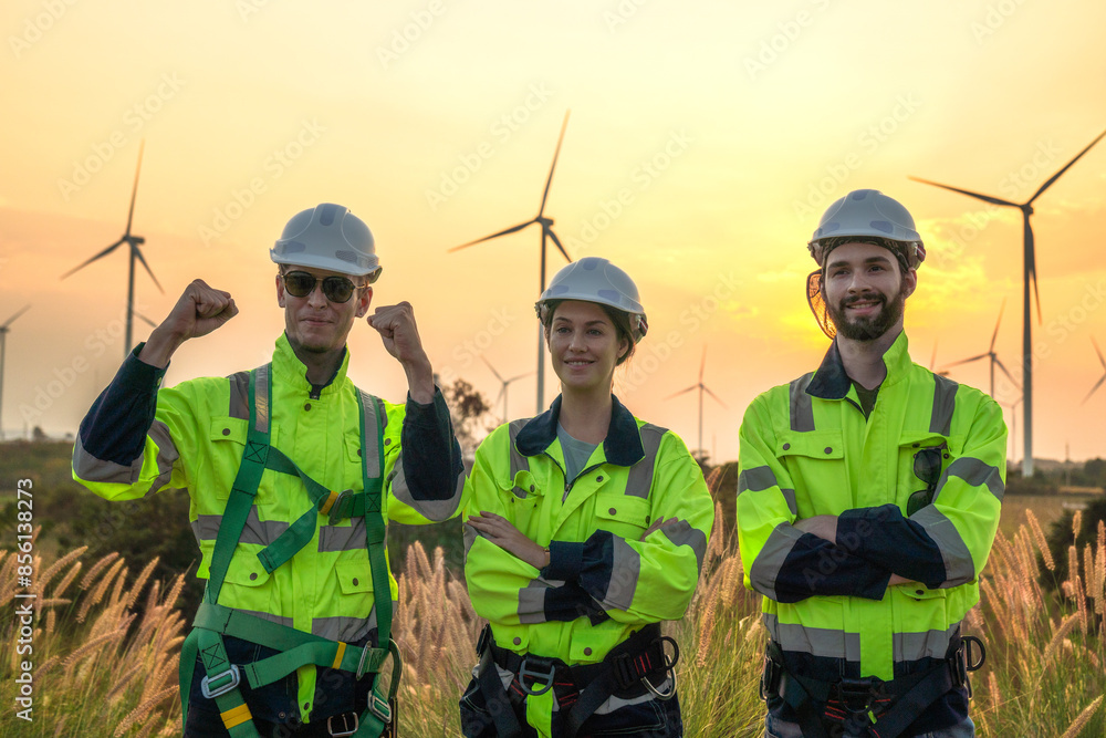 Team Engineers men and woman checking and inspecting on construction with sunset sky. people operation. Wind turbine for electrical of clean energy and environment. Industrial of sustainable. Team Engineers men and woman checking and inspecting on construction with sunset sky. people operation. Wind turbine for electrical of clean energy and environment. Industrial of sustainable.