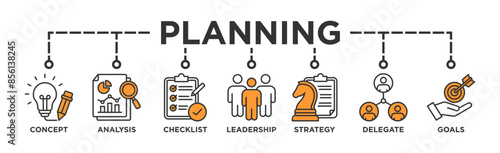 Planning banner web icon illustration concept with icon of concept, analysis, checklist, leadership, strategy, delegate and goals