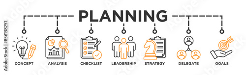 Planning banner web icon illustration concept with icon of concept, analysis, checklist, leadership, strategy, delegate and goals