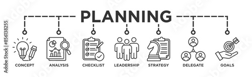 Planning banner web icon illustration concept with icon of concept, analysis, checklist, leadership, strategy, delegate and goals